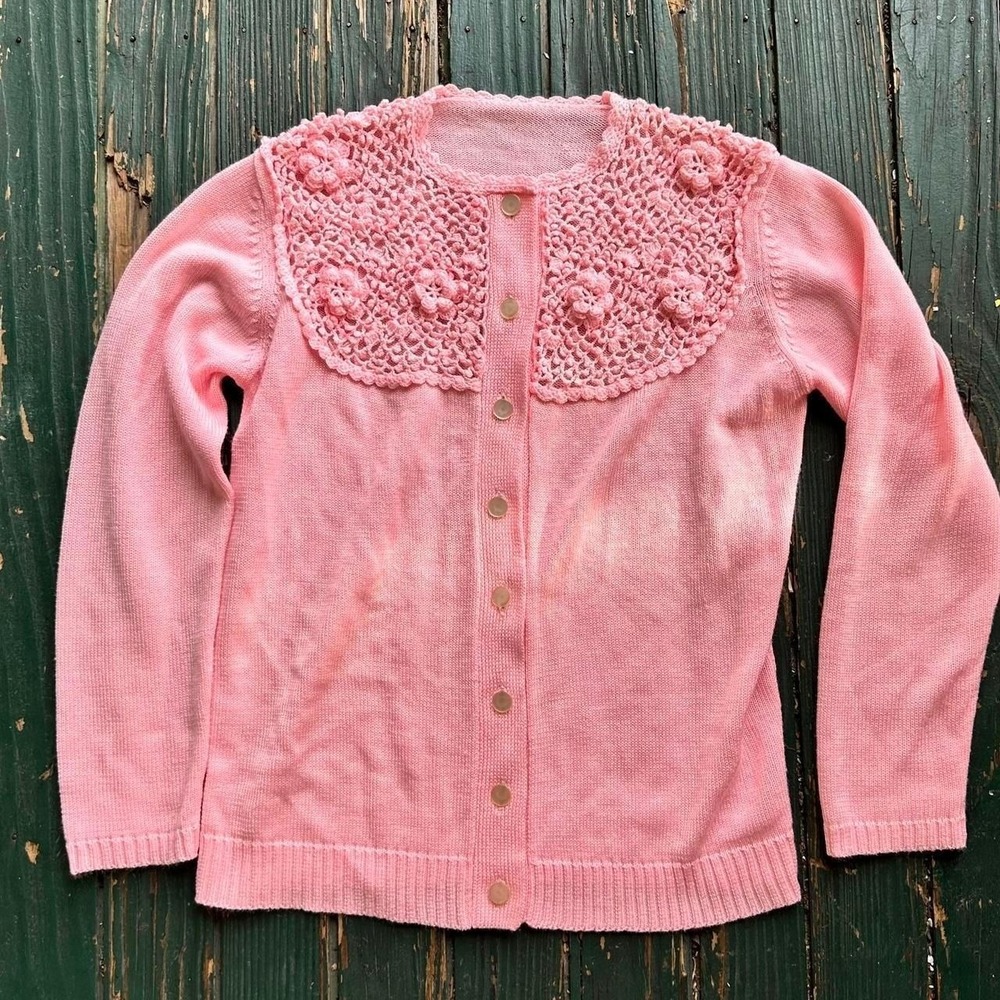 Vintage Pink Crochet Lace Floral Applique Cardigan Sweater Pastel Coquette